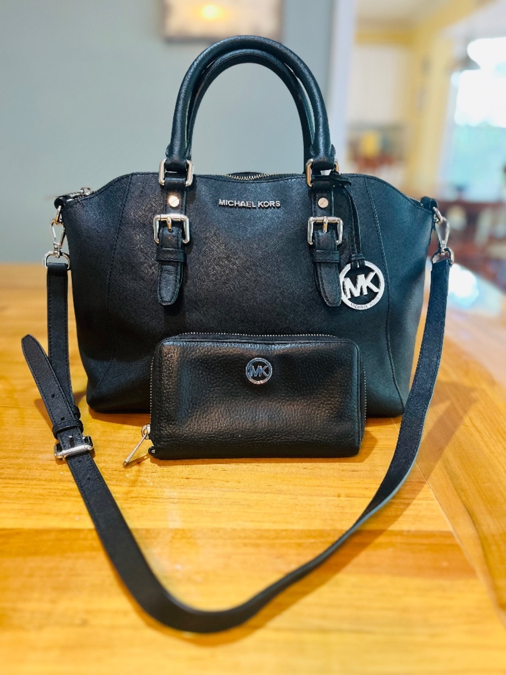 Michael Kors Black Large Saffiano Leather Satchel Silver with Black Wallet